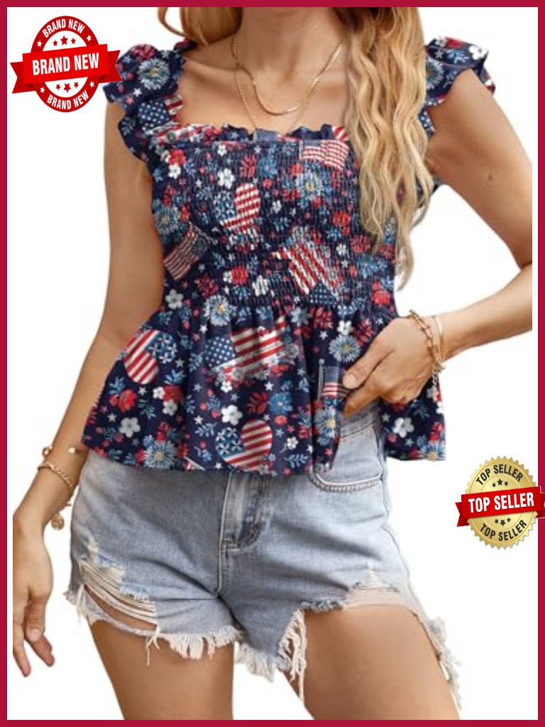 Smocked Ruffle Tank Top - Patriotic Slim Fit Y2k Style